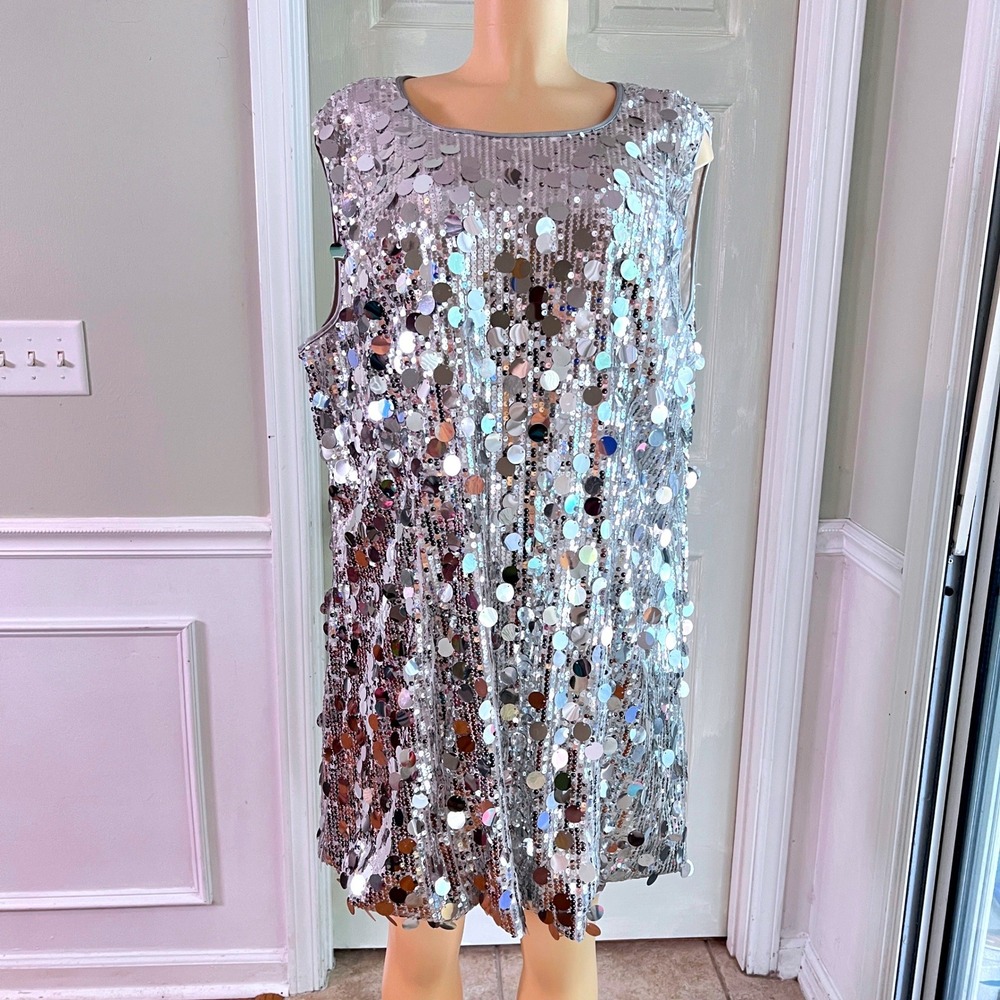 Silver Sequin Dress XL Women Paillette Sleeveless Silver Disco Party Mini